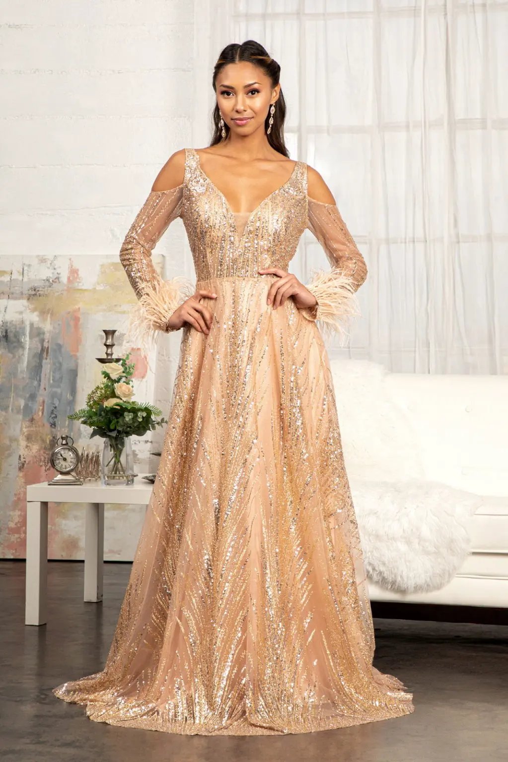 Feather-Wrist Embellished Glitter A-line Dress w/ Cut-Away Long Sleeves by Tux-USA