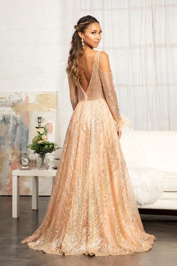 Feather-Wrist Embellished Glitter A-line Dress w/ Cut-Away Long Sleeves by Tux-USA