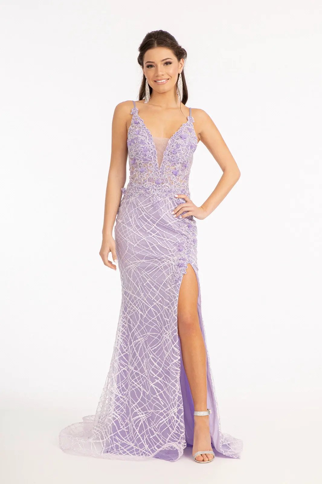 3-D Flower Glitter Embellished Mermaid Dress w/ Sheer Sides by Tux-USA