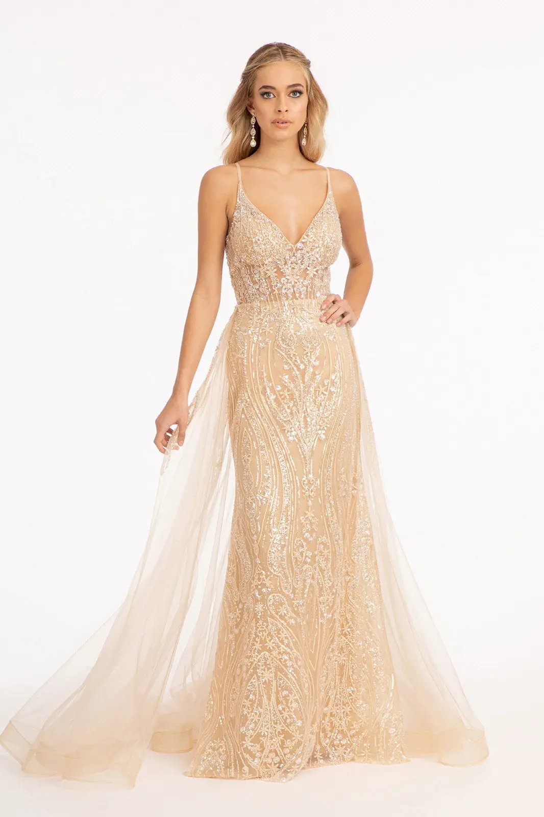 Sheer Bodice Mesh Mermaid Dress w/ Detached Layer on Waist by Tux-USA