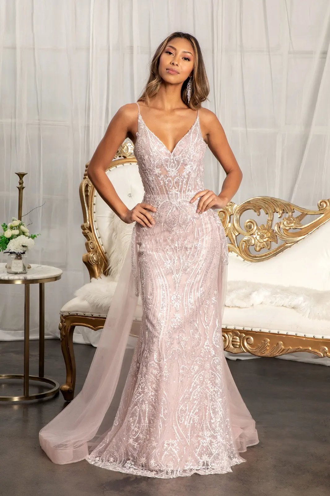 Sheer Bodice Mesh Mermaid Dress w/ Detached Layer on Waist by Tux-USA