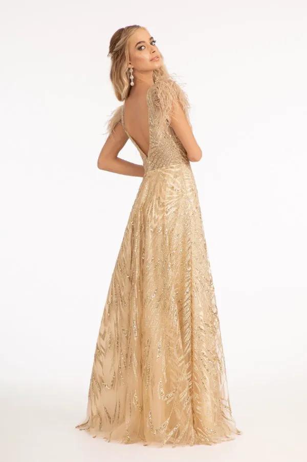 Feather-Shoulder Embellished A-line Dress w/ Open V-back by Tux-USA
