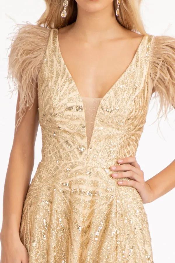 Feather-Shoulder Embellished A-line Dress w/ Open V-back by Tux-USA