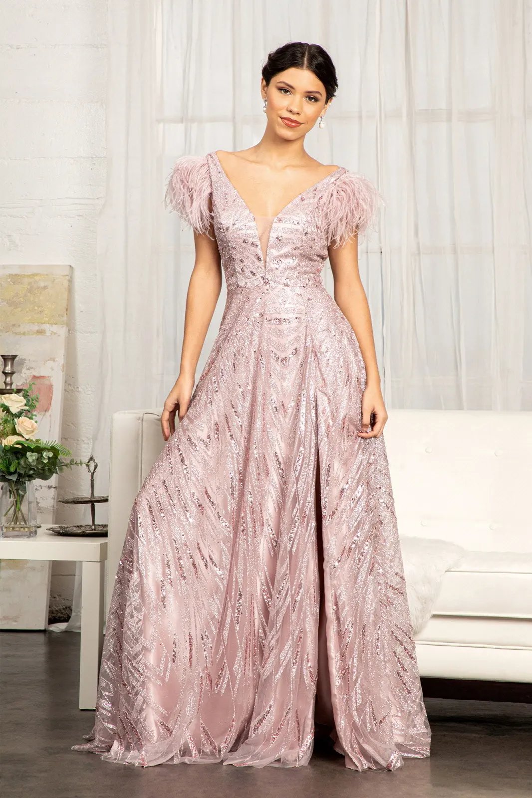 Feather-Shoulder Embellished A-line Dress w/ Open V-back by Tux-USA