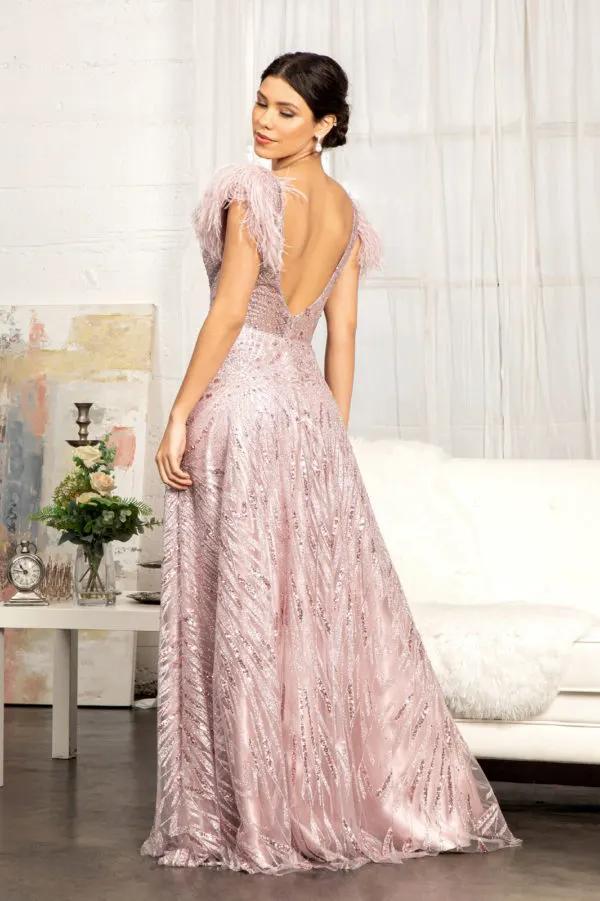 Feather-Shoulder Embellished A-line Dress w/ Open V-back by Tux-USA