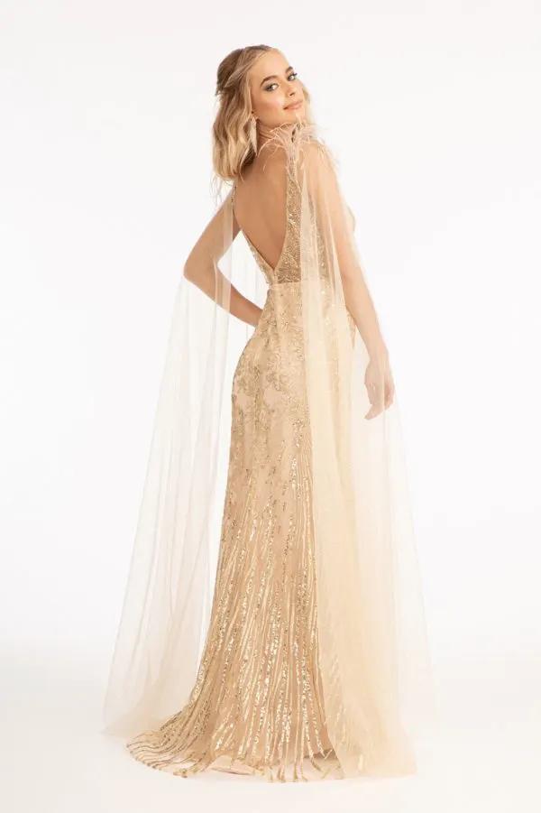 Feather-Shoulder Embellished Glitter Mermaid Dress w/ Mesh Layer Drape by Tux-USA