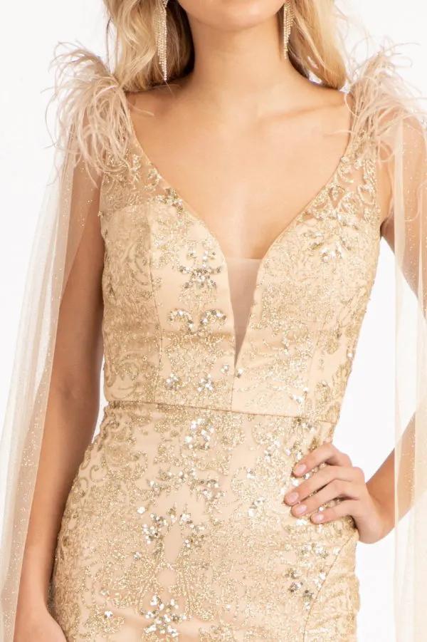 Feather-Shoulder Embellished Glitter Mermaid Dress w/ Mesh Layer Drape by Tux-USA