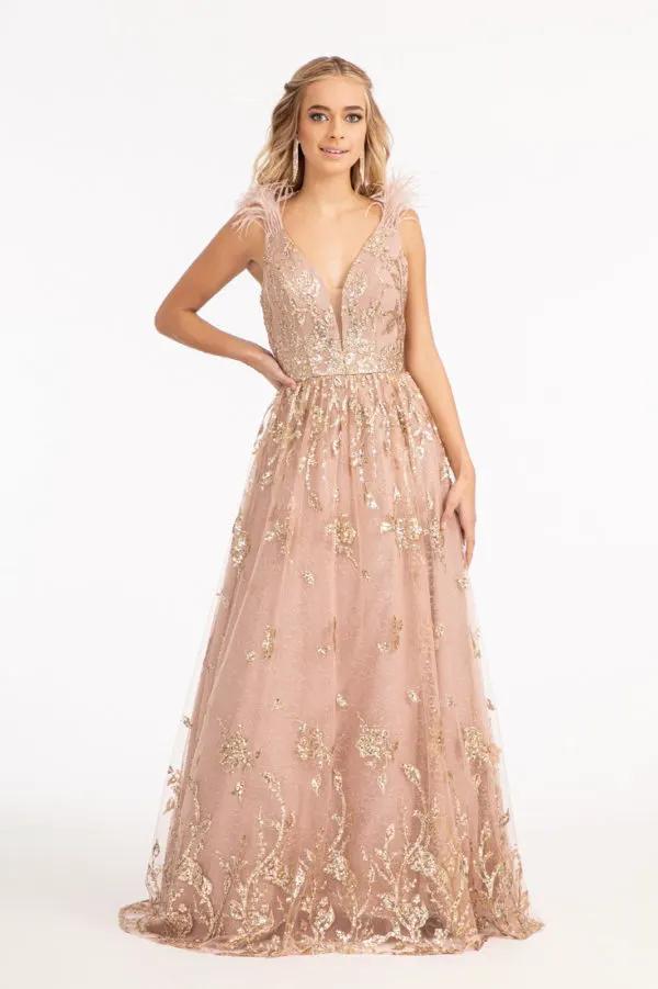 Feather-Shoulder Embellished Glitter A-line Dress w/ Sheer Open V-back by Tux-USA