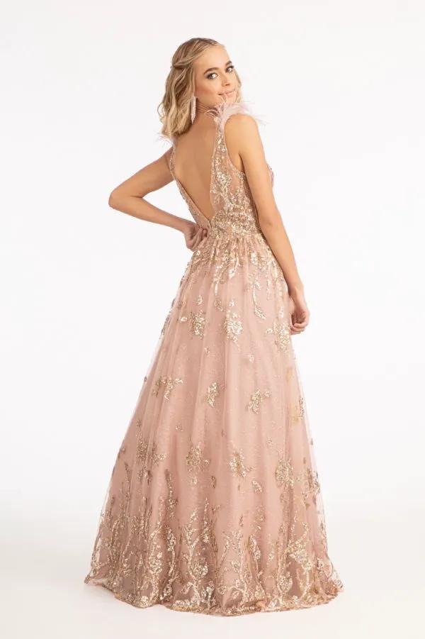 Feather-Shoulder Embellished Glitter A-line Dress w/ Sheer Open V-back by Tux-USA