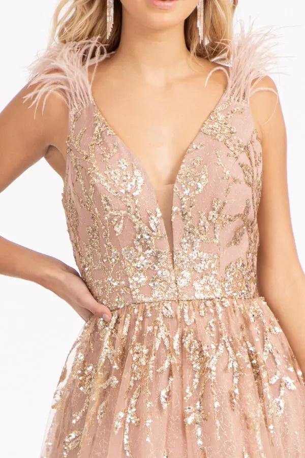 Feather-Shoulder Embellished Glitter A-line Dress w/ Sheer Open V-back by Tux-USA