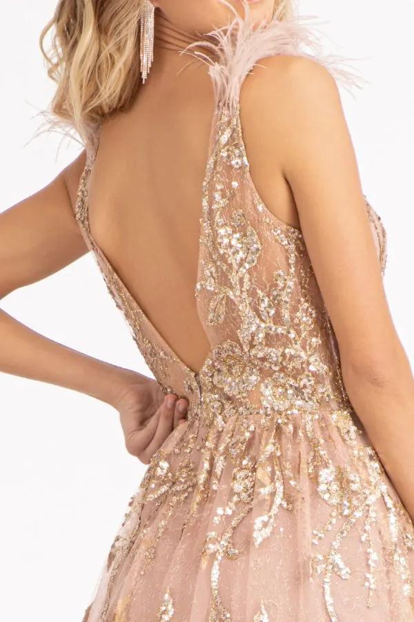 Feather-Shoulder Embellished Glitter A-line Dress w/ Sheer Open V-back by Tux-USA