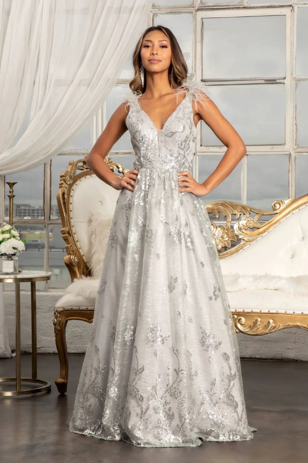 Feather-Shoulder Embellished Glitter A-line Dress w/ Sheer Open V-back by Tux-USA
