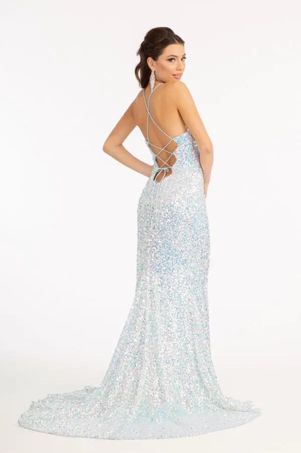 Straight Across Sequin Embellished Mermaid Dress w/ Open Lace-up Back by Tux-USA
