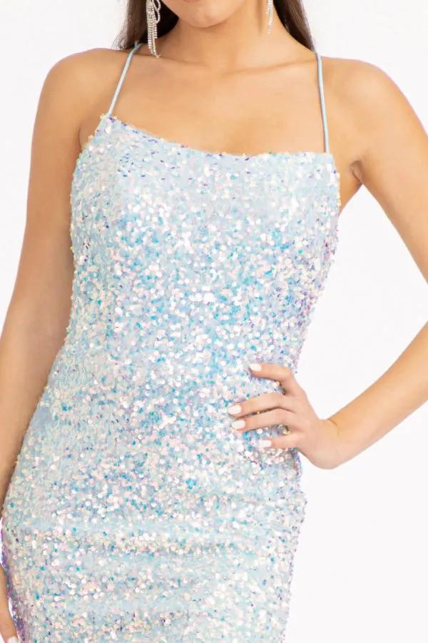 Straight Across Sequin Embellished Mermaid Dress w/ Open Lace-up Back by Tux-USA