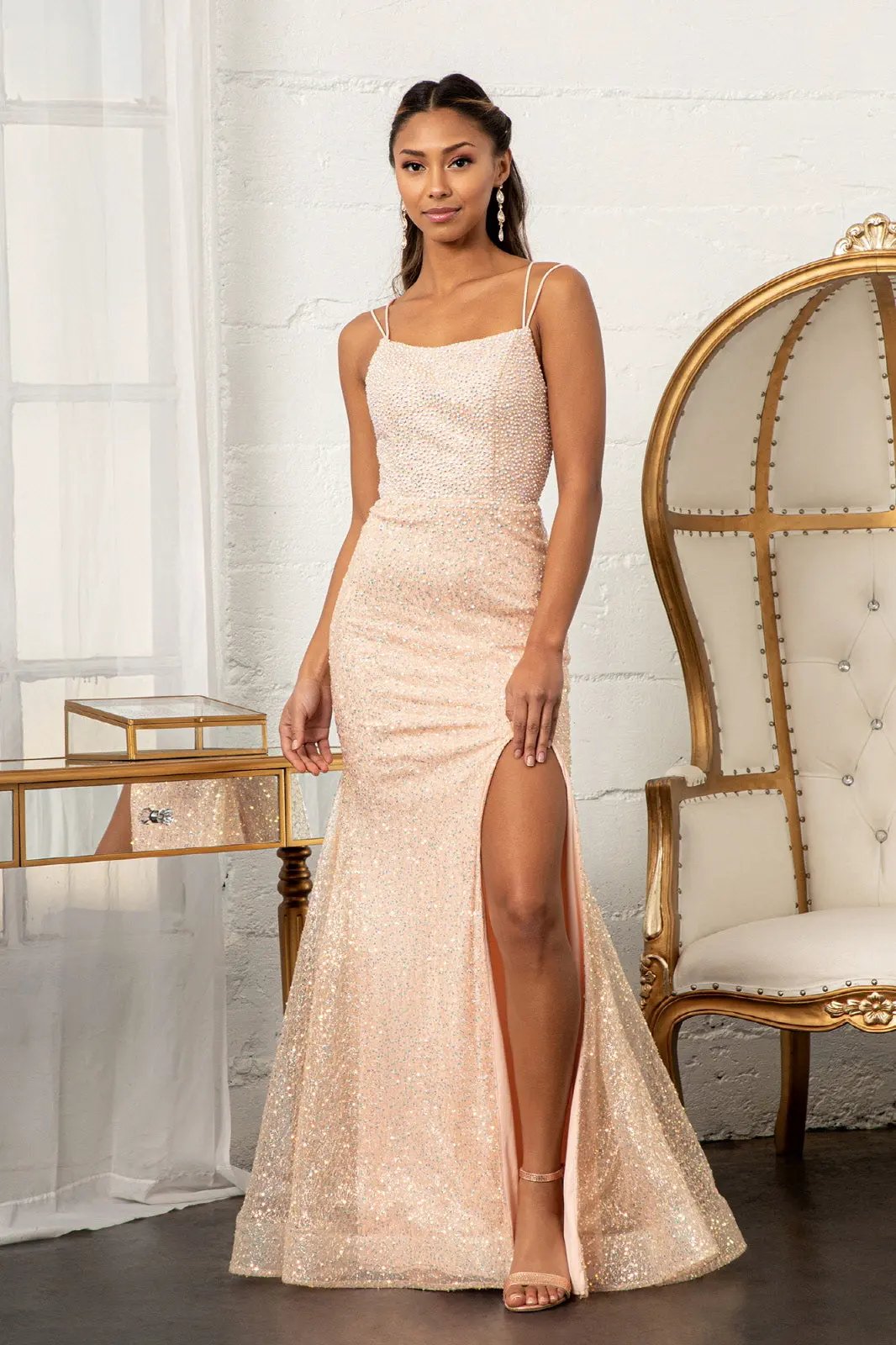 Straight Across Sequin Embellished Mesh Mermaid Dress w/ Slit by Tux-USA