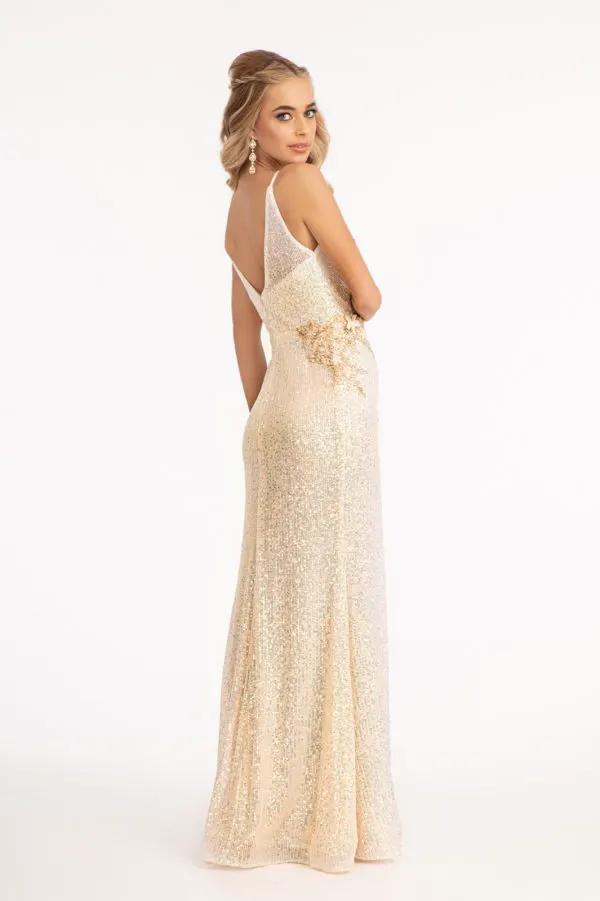 Sequin Embellished Illusion V-neck Mermaid Dress w/ Open V-back by Tux-USA