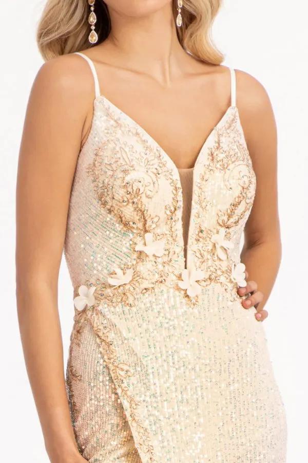Sequin Embellished Illusion V-neck Mermaid Dress w/ Open V-back by Tux-USA