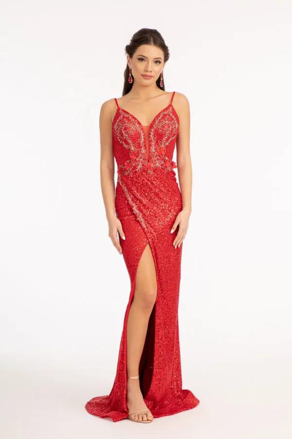 Sequin Embellished Illusion V-neck Mermaid Dress w/ Open V-back by Tux-USA