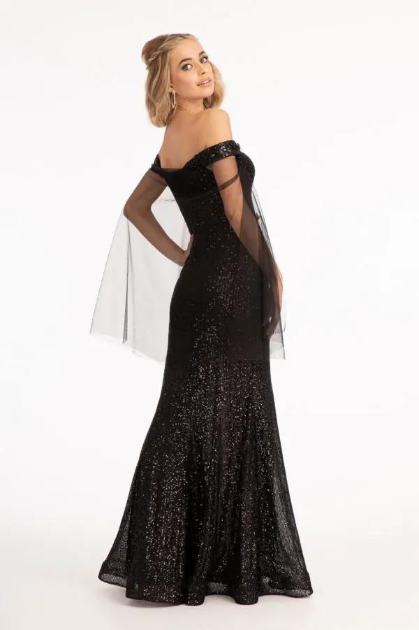 Flower Applique Sequin Mermaid Dress w/ Detached Mesh Cape by Tux-USA