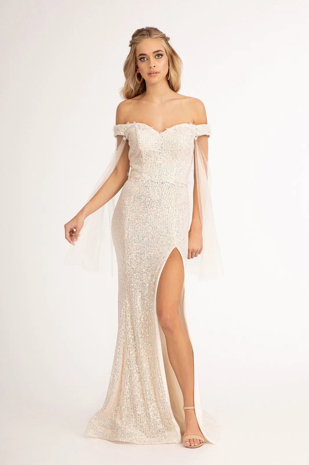 Flower Applique Sequin Mermaid Dress w/ Detached Mesh Cape by Tux-USA