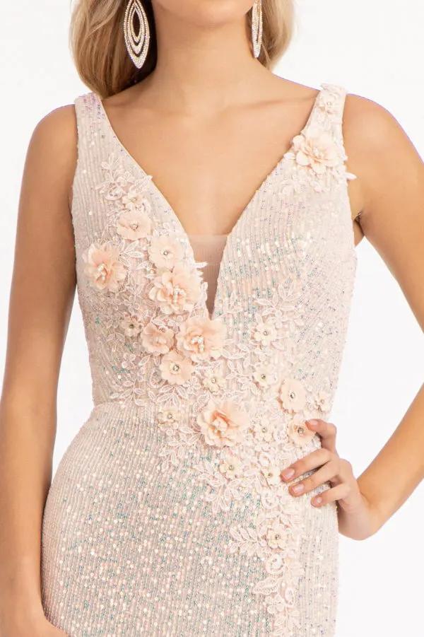Flower Applique Embroidered Sequin Mermaid Dress w/ Side Slit by Tux-USA
