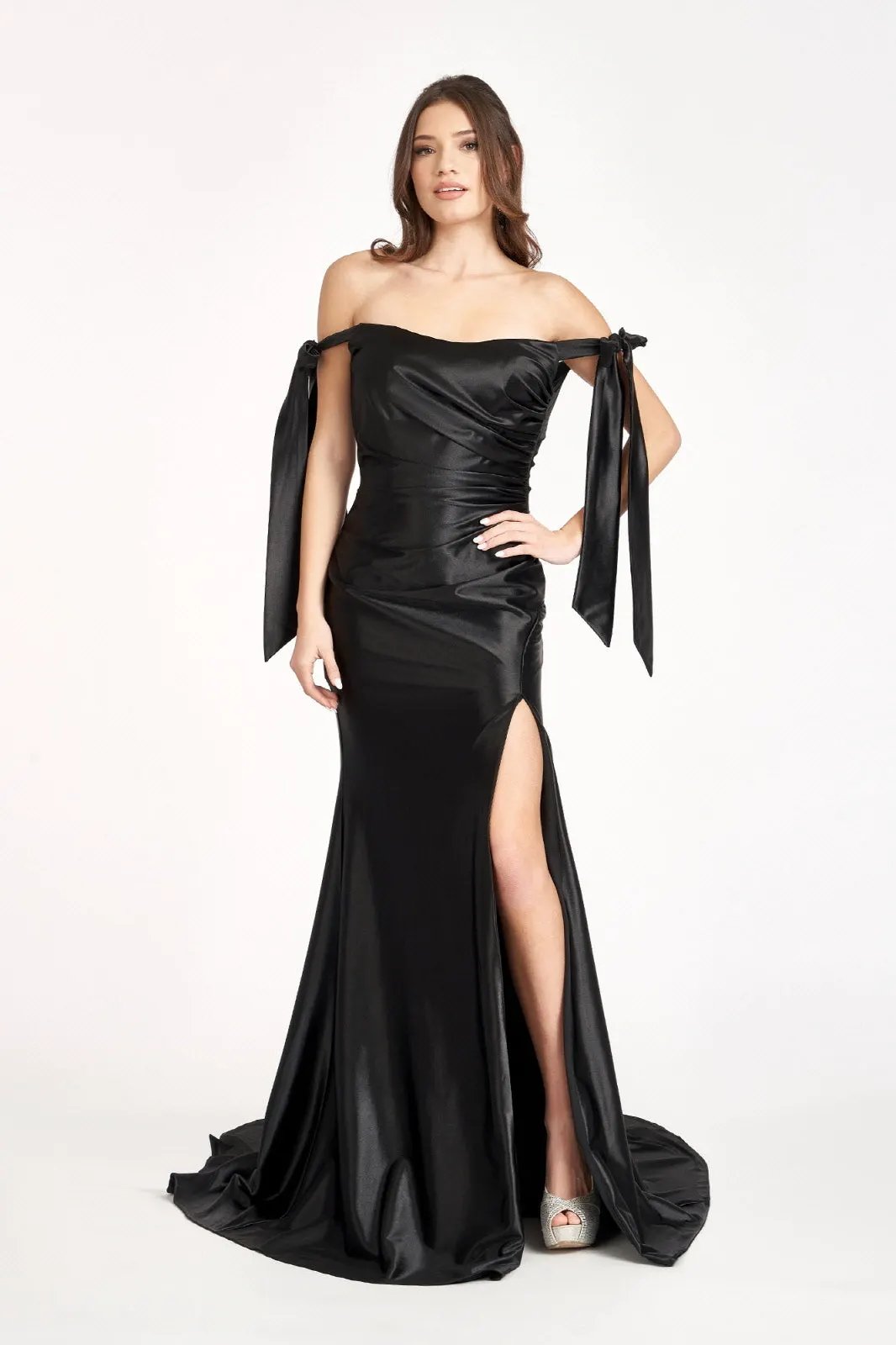 Gathered Bodice Satin Mermaid Dress w/ Straight Across Neckline by Tux-USA