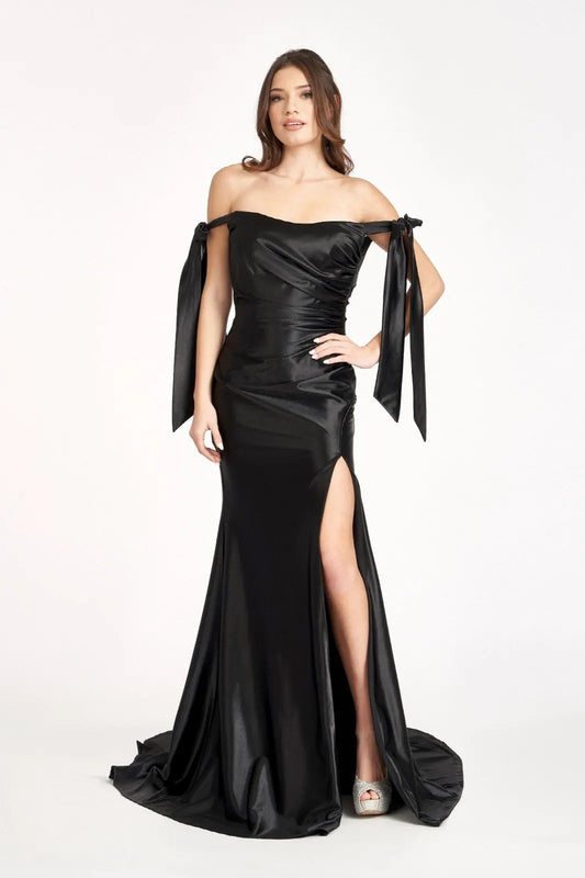 Gathered Bodice Satin Mermaid Dress w/ Straight Across Neckline by Tux-USA