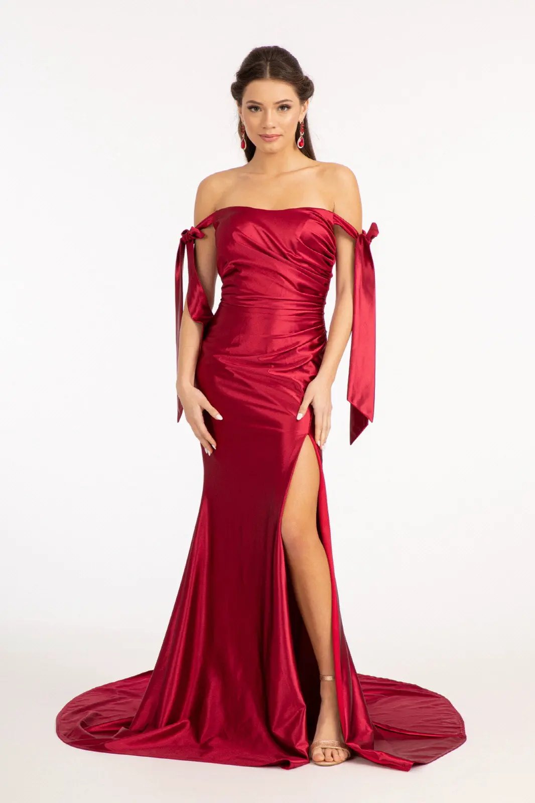 Gathered Bodice Satin Mermaid Dress w/ Straight Across Neckline by Tux-USA