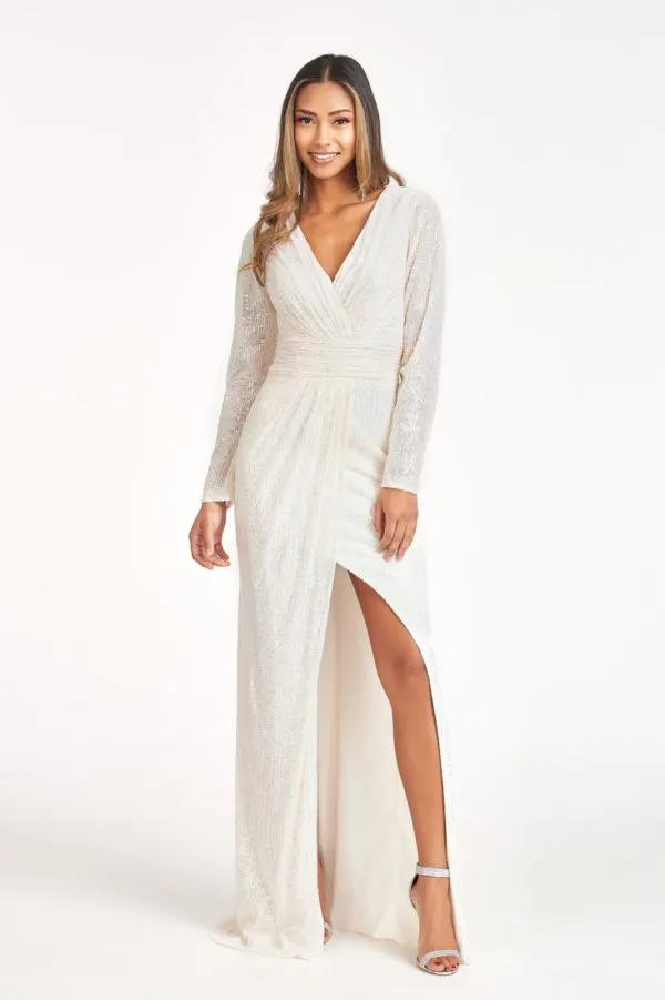 Gathered Waist Sequin Embellished Mermaid Dress w/ Long Sleeves by Tux-USA