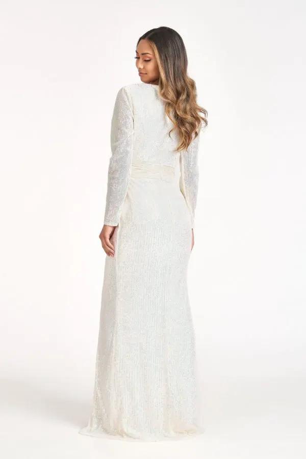 Gathered Waist Sequin Embellished Mermaid Dress w/ Long Sleeves by Tux-USA