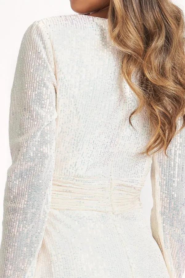 Gathered Waist Sequin Embellished Mermaid Dress w/ Long Sleeves by Tux-USA