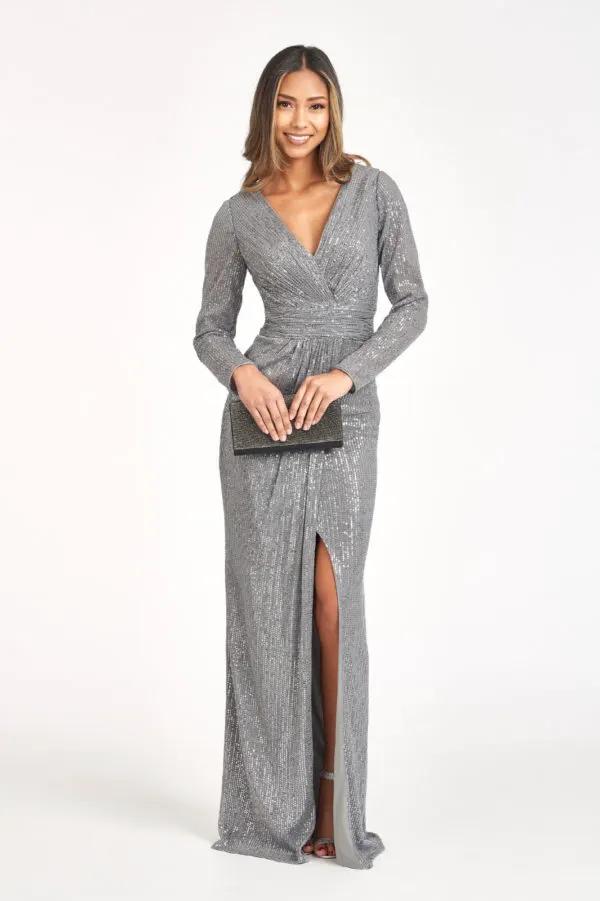 Gathered Waist Sequin Embellished Mermaid Dress w/ Long Sleeves by Tux-USA