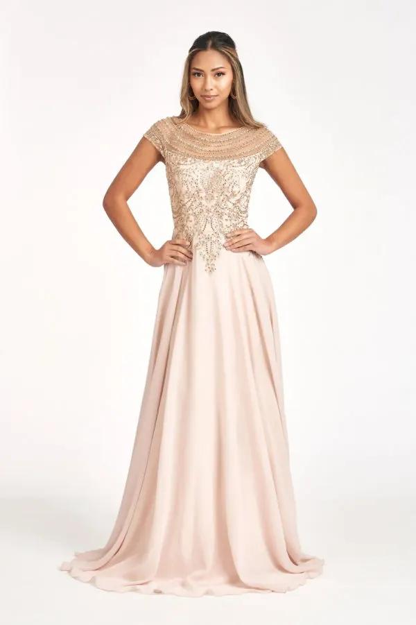 Beaded Chiffon A Line Dress With Cap Sleeves For Women Celebration Ready Tux USA by Tux-USA