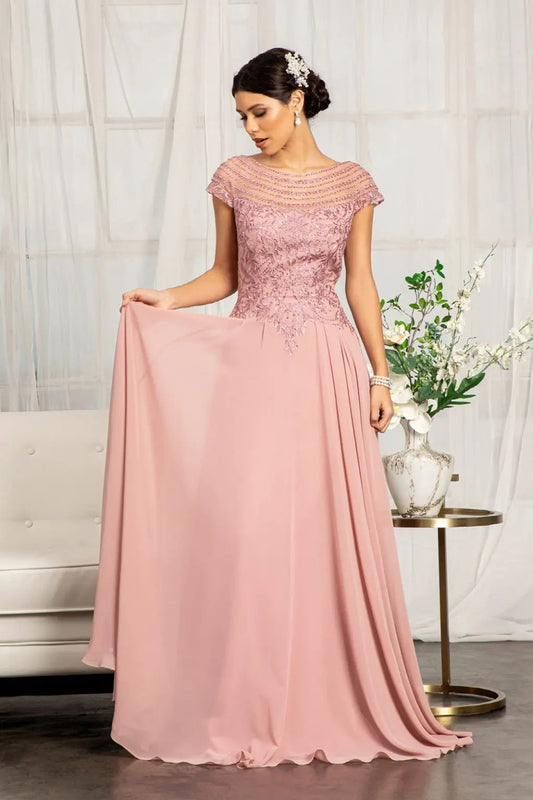 Beaded Chiffon A Line Dress With Cap Sleeves For Women Celebration Ready Tux USA by Tux-USA