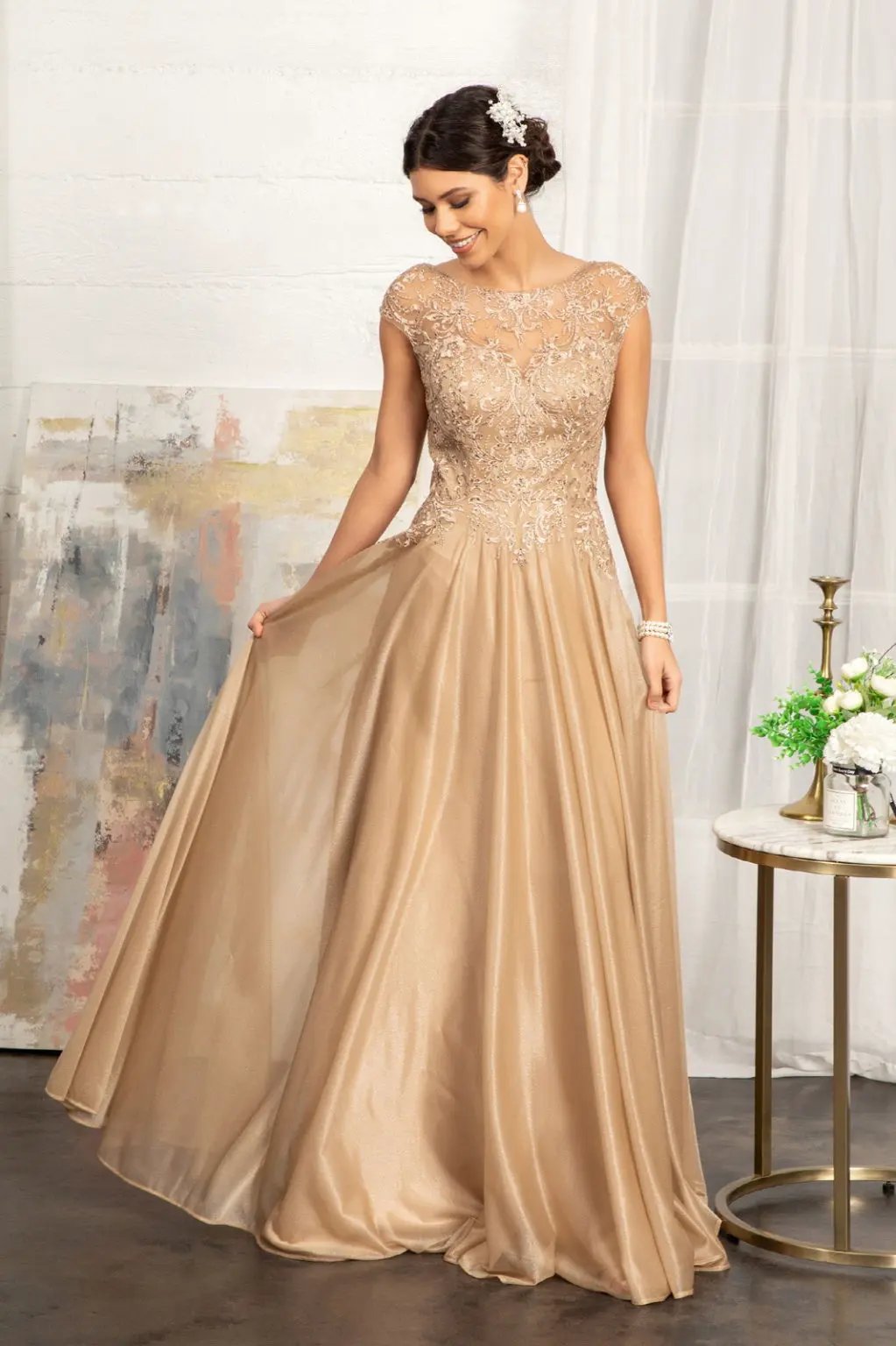 Beads Embellished Embroidered A-line Dress w/ Scoop-Neck by Tux-USA