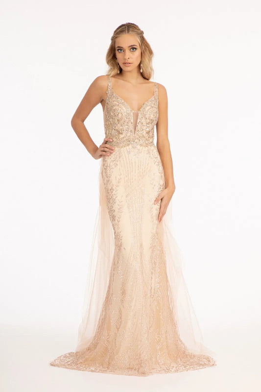 Beads Embellished Mesh Mermaid Dress w/ Detached Mesh Layer on Waist by Tux-USA