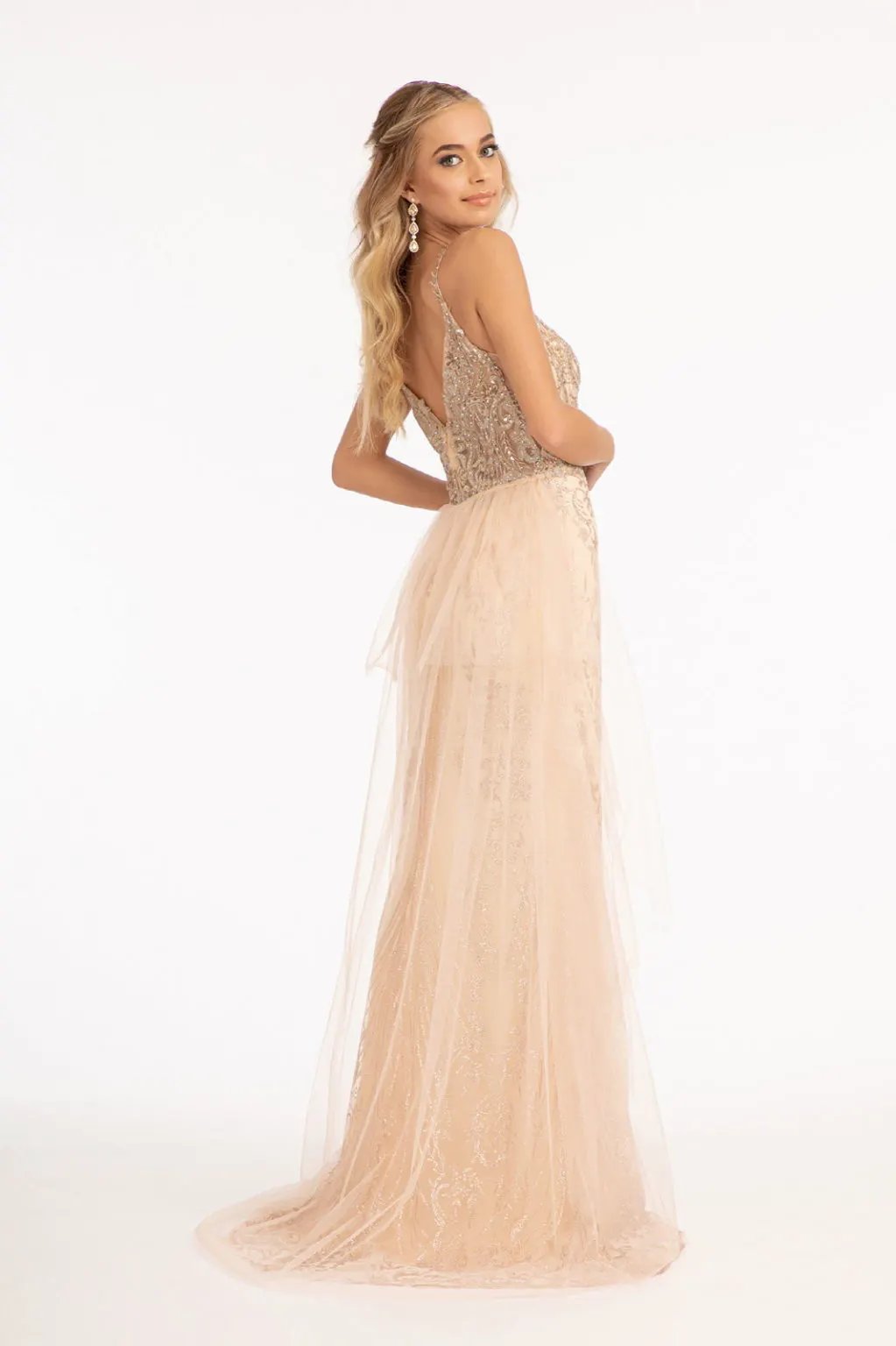 Beads Embellished Mesh Mermaid Dress w/ Detached Mesh Layer on Waist by Tux-USA