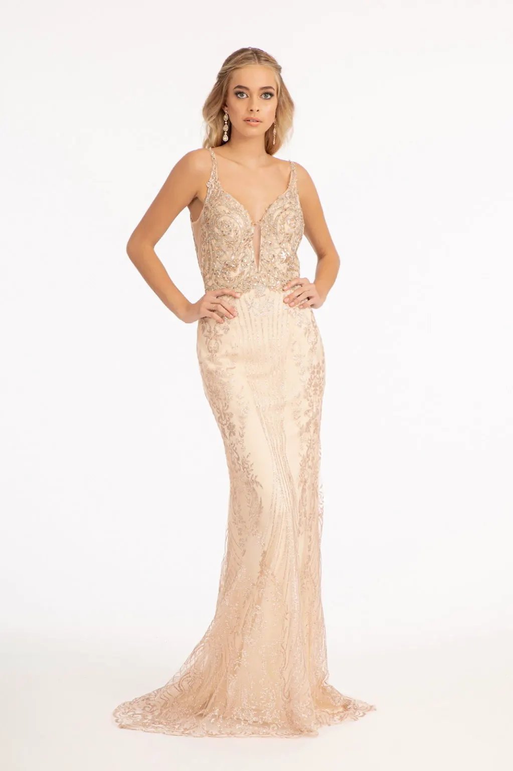 Beads Embellished Mesh Mermaid Dress w/ Detached Mesh Layer on Waist by Tux-USA