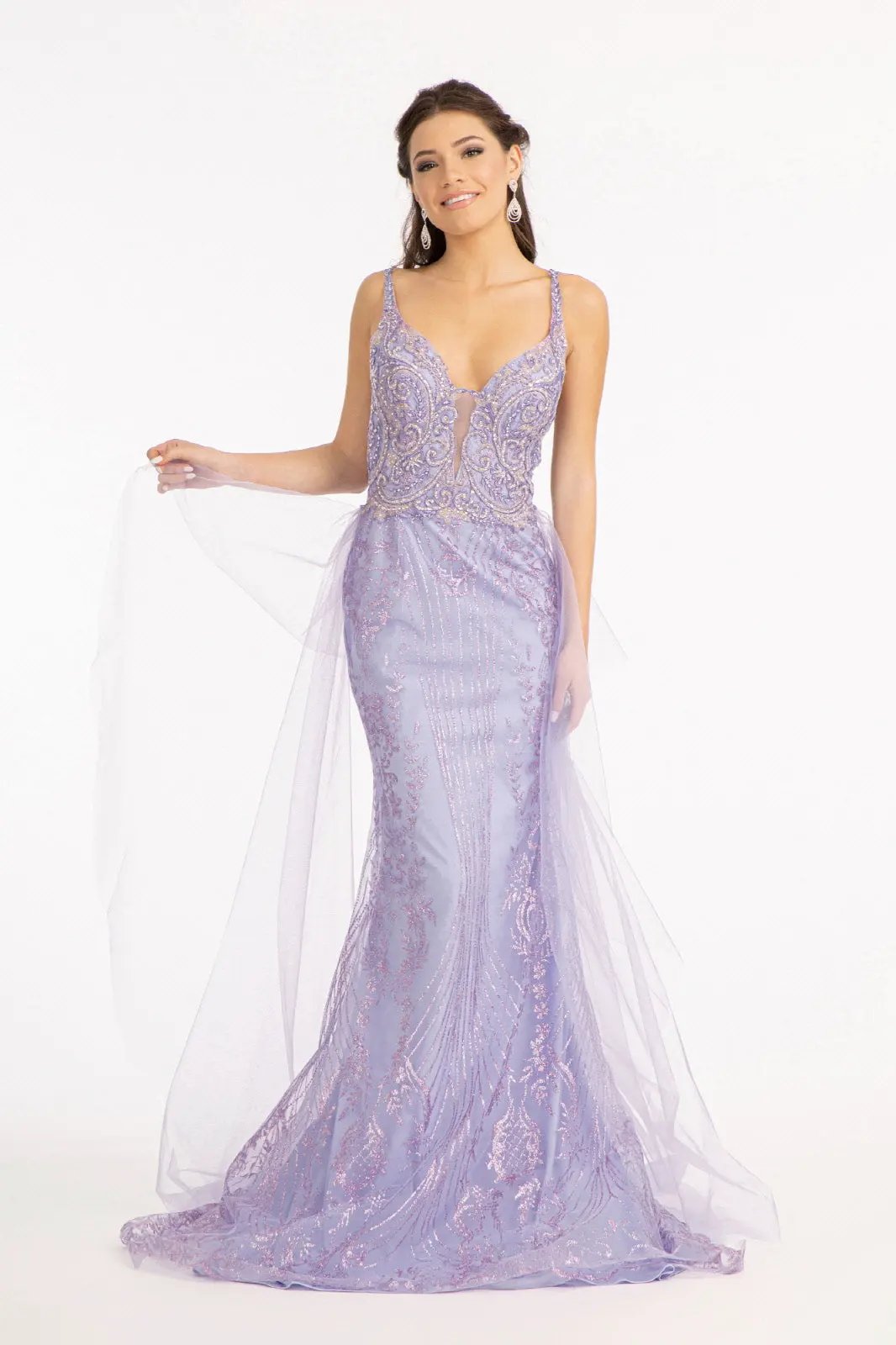 Beads Embellished Mesh Mermaid Dress w/ Detached Mesh Layer on Waist by Tux-USA