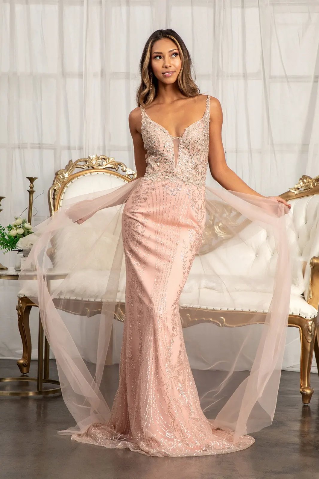 Beads Embellished Mesh Mermaid Dress w/ Detached Mesh Layer on Waist by Tux-USA
