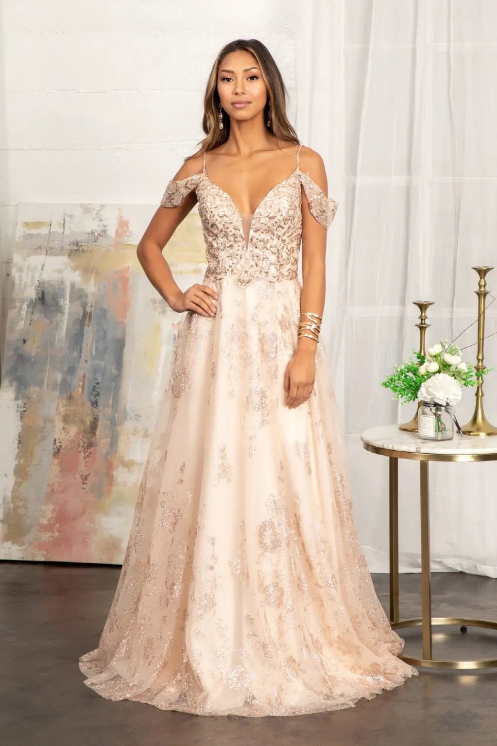 Illusion V-Neck Embroidered Mesh A-line Dress w/ Open V-Back by Tux-USA