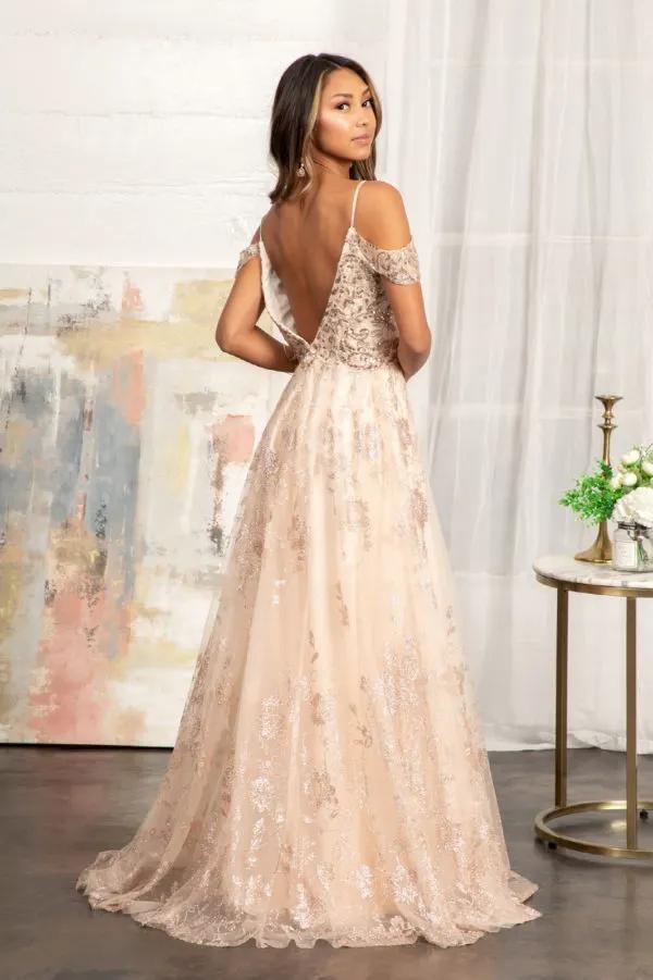 Illusion V-Neck Embroidered Mesh A-line Dress w/ Open V-Back by Tux-USA