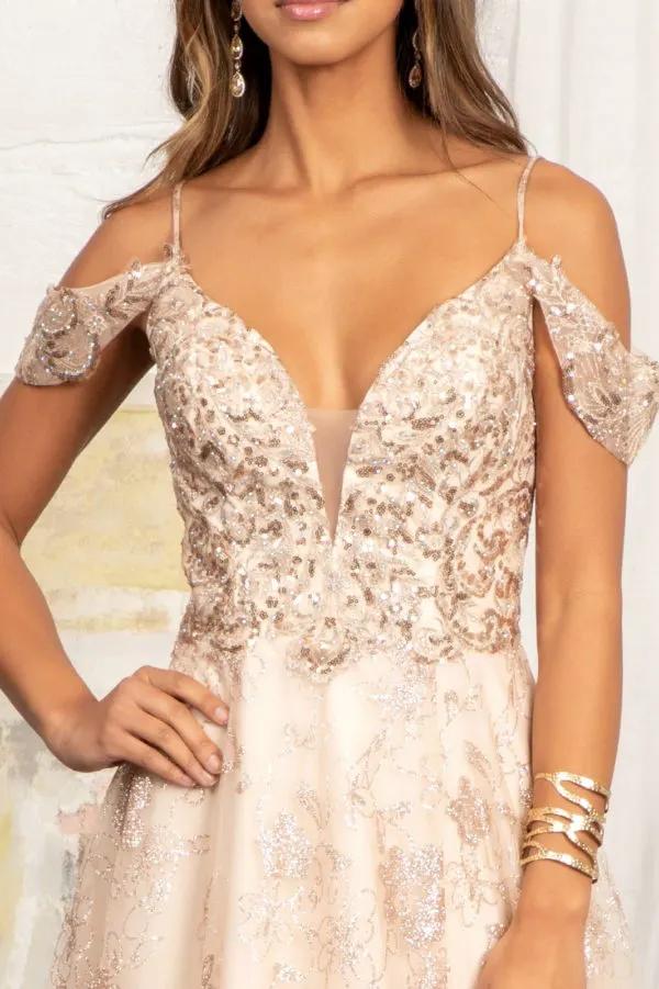 Illusion V-Neck Embroidered Mesh A-line Dress w/ Open V-Back by Tux-USA