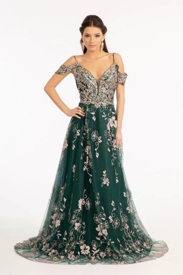 Illusion V-Neck Embroidered Mesh A-line Dress w/ Open V-Back by Tux-USA