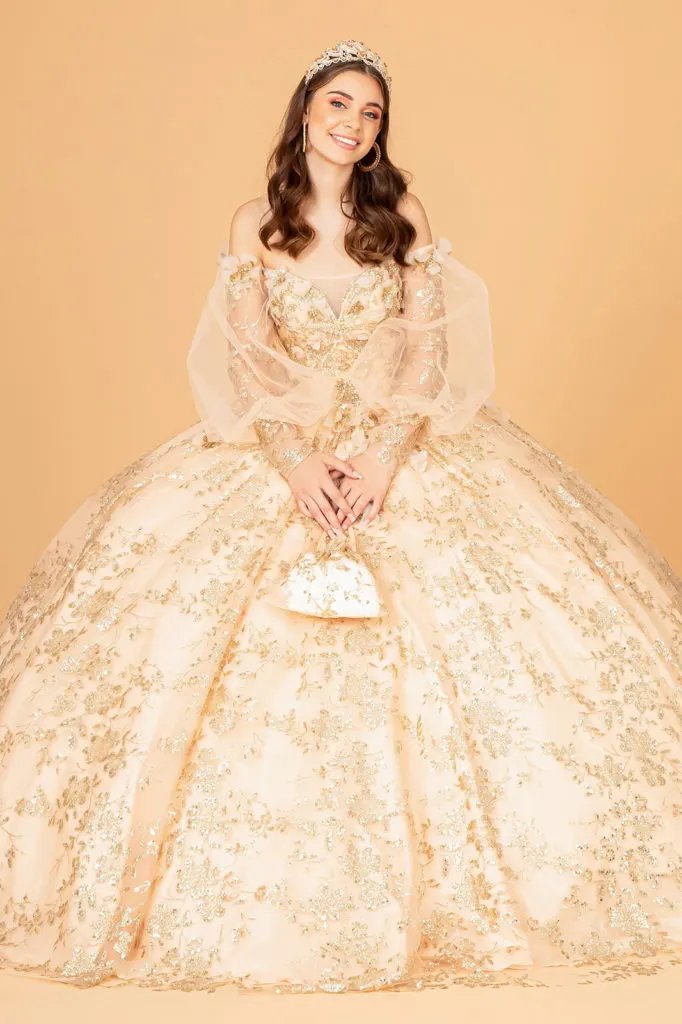 Mesh Long Sleeves Quinceanera Dress w/ Detachable Ribbon and Mini Bag by Tux-USA