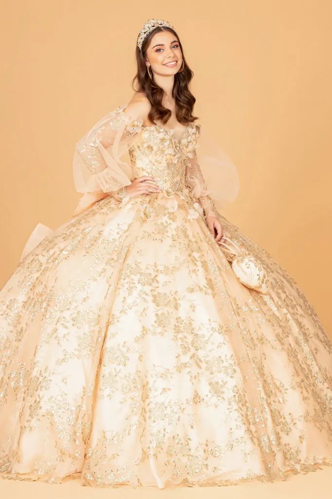 Mesh Long Sleeves Quinceanera Dress w/ Detachable Ribbon and Mini Bag by Tux-USA
