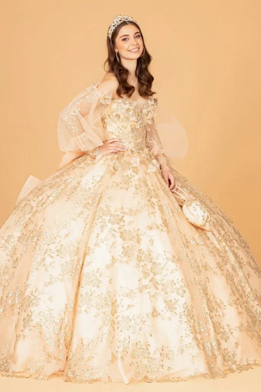 Mesh Long Sleeves Quinceanera Dress w/ Detachable Ribbon and Mini Bag by Tux-USA