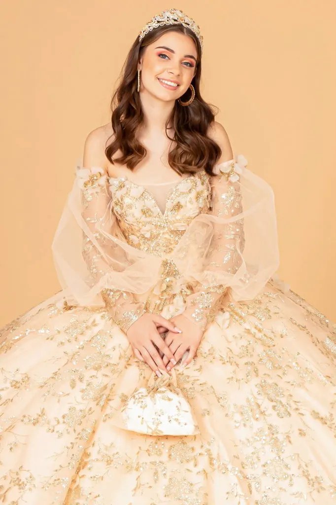Mesh Long Sleeves Quinceanera Dress w/ Detachable Ribbon and Mini Bag by Tux-USA