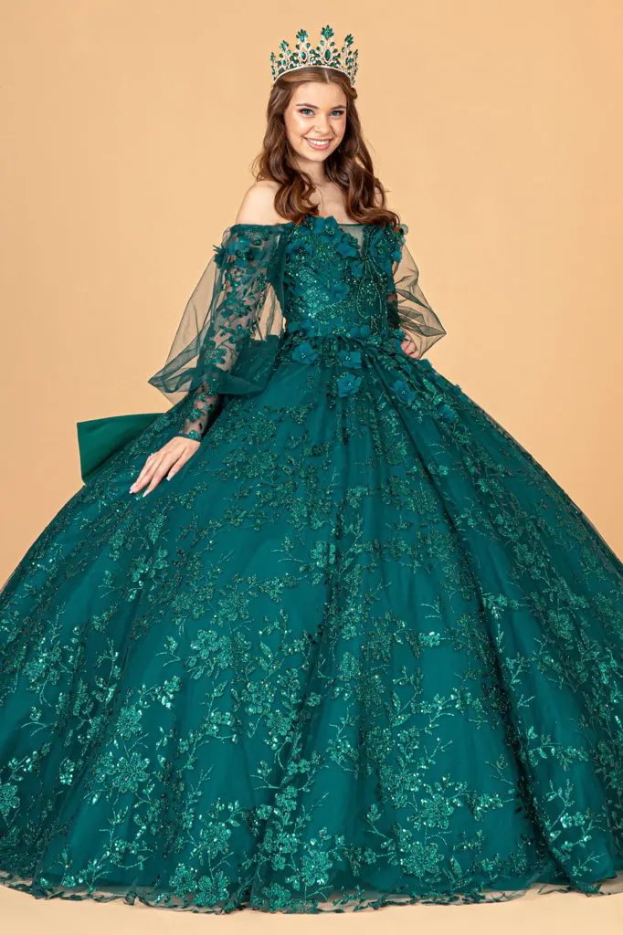 Mesh Long Sleeves Quinceanera Dress w/ Detachable Ribbon and Mini Bag by Tux-USA