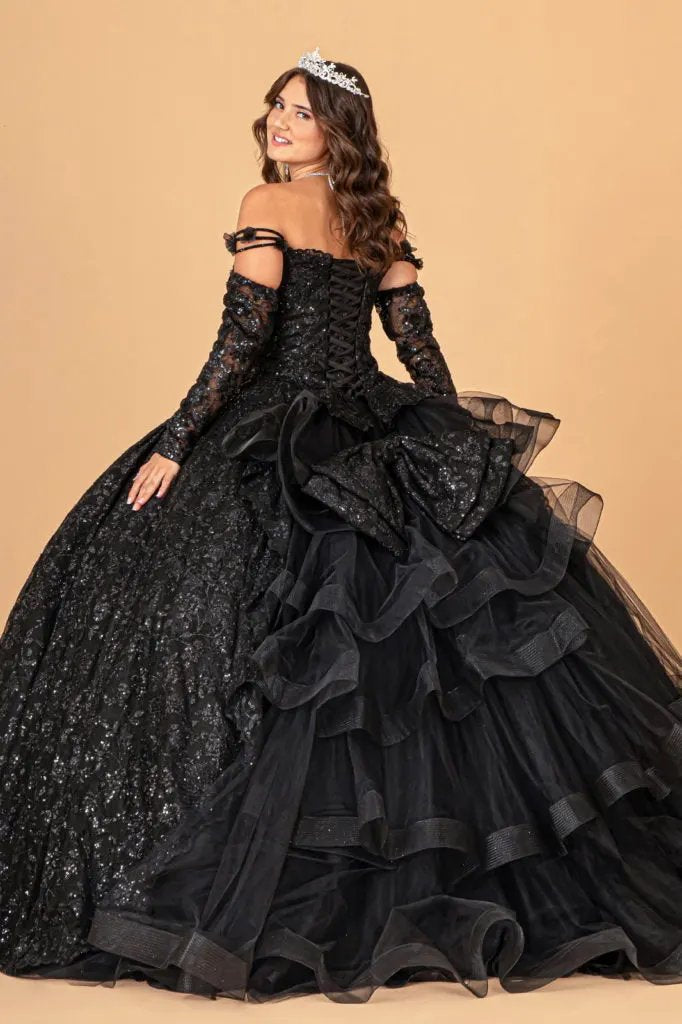 Mesh Detachable Long Sleeves Quinceanera Dress w/ Detachable Ribbon and Ruffled Train by Tux-USA
